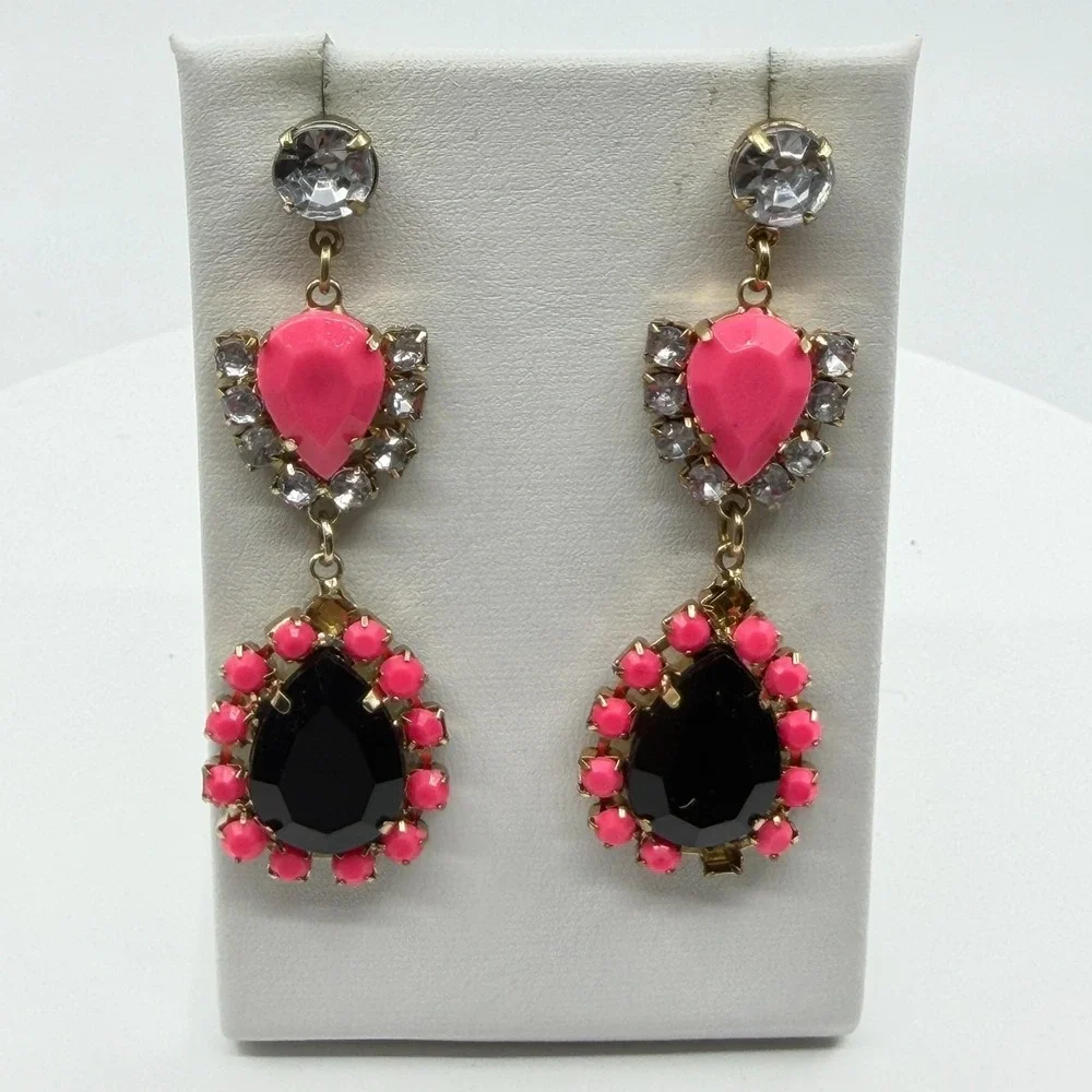 Earrings Neon Pink Black Rhinestone Teardrop Dangle Gold Tone Bold Statement